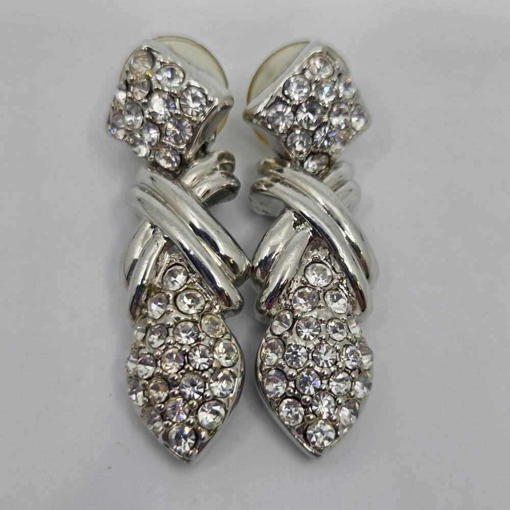 Vintage Silver Tone Clear Rhinestone Dangle Post Earrings Geometric Statement